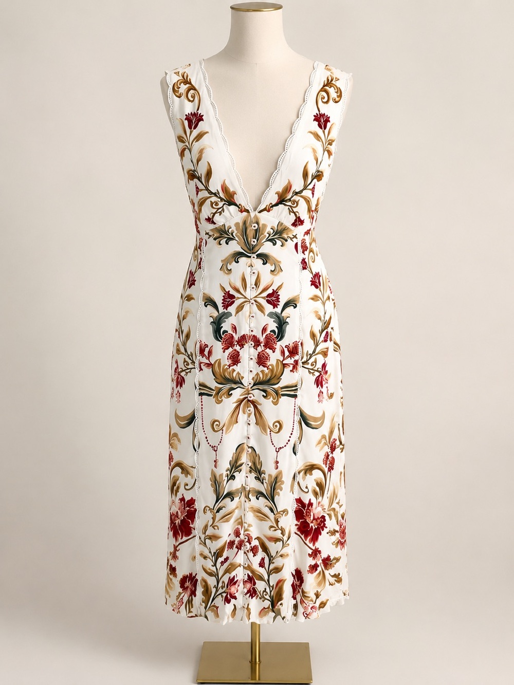 FARM Rio Royal Garden Print Viscose Midi Dress L NWOT Tie Back Scallop